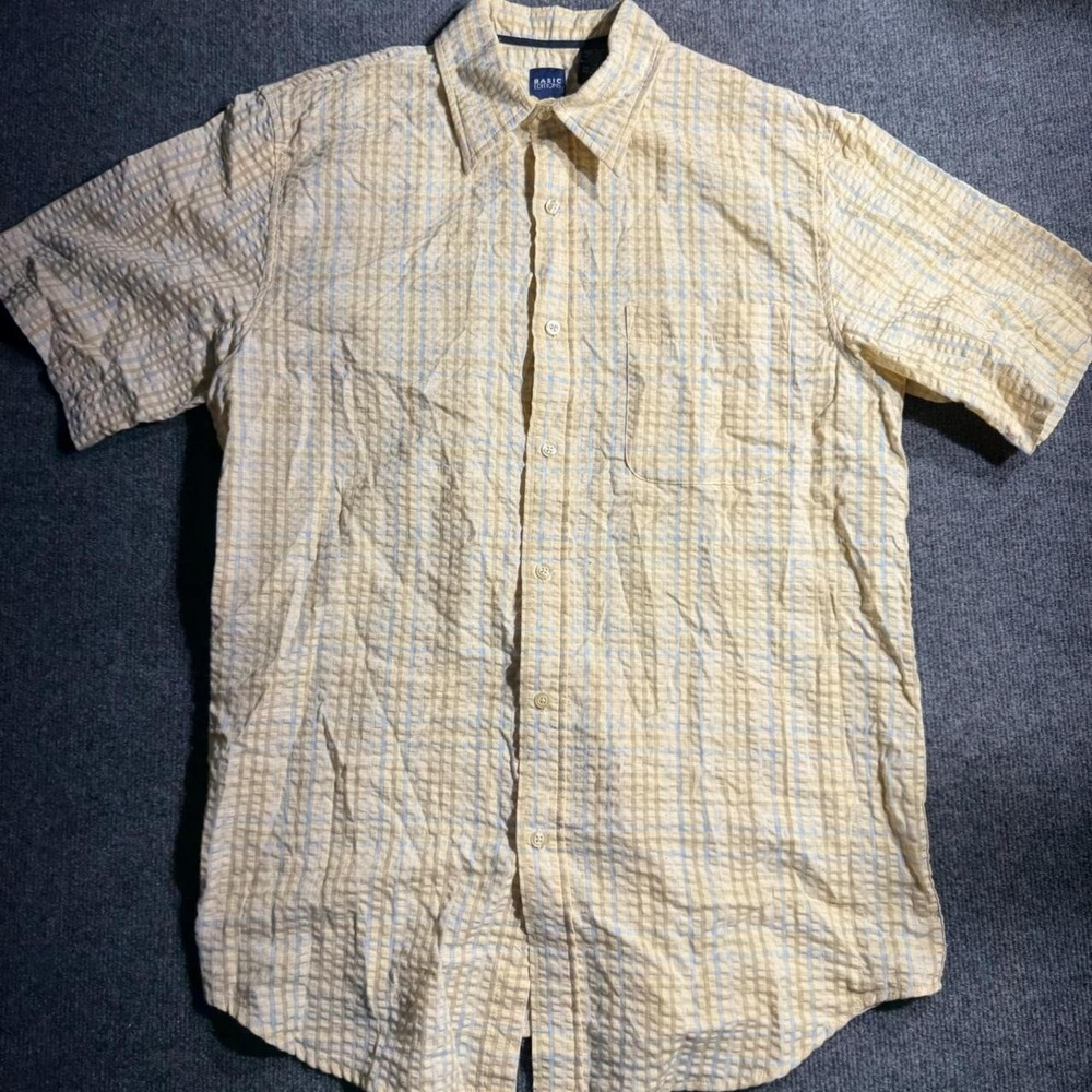 Basic Editions Mens Yellow Blue Plaid Seersucker Short Sleeve Button Down ShirtM